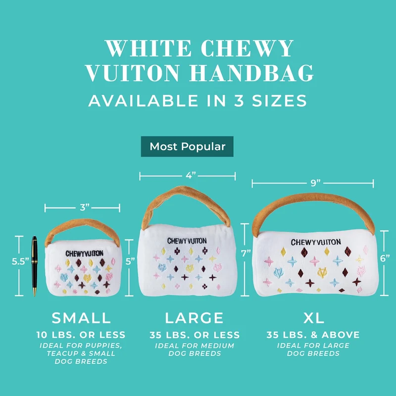 Haute Diggity Dog White Chewy Vuiton Handbag – Jouet chien peluche parodié, Sifflet intégré, Lavable en machine