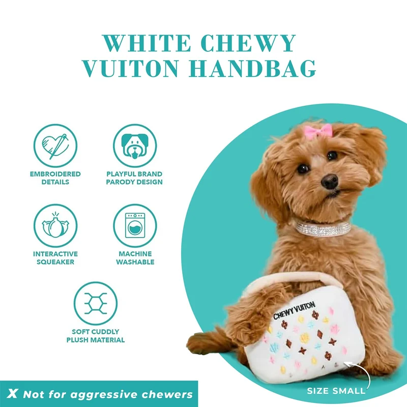 Haute Diggity Dog White Chewy Vuiton Handbag – Jouet chien peluche parodié, Sifflet intégré, Lavable en machine