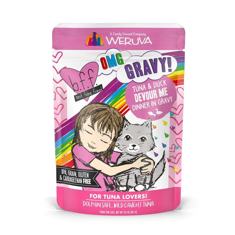 Weruva B.F.F. OMG — Meilleur Ami Félin Oh My Gravy ! Thon et Canard en Sauce, Poche 3oz (Pack de 12)