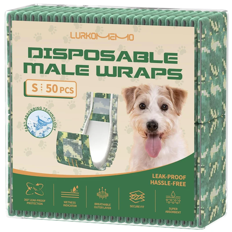LURKOMEMO Couches pour Chien Mâle – 50 Couches, Taille XS, Ultra Absorbantes, Indicateur d’Humidité