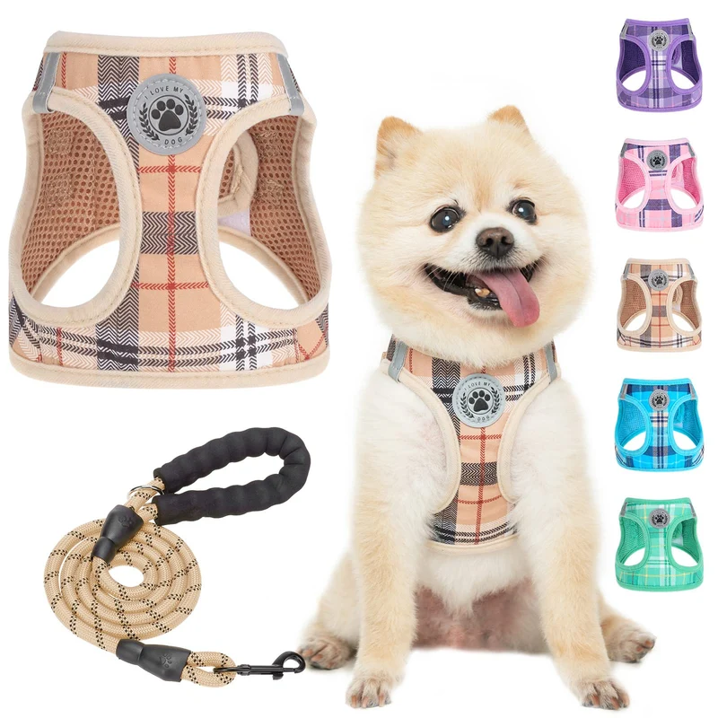 BEAUTYZOO Harnais Petit Chien XXS avec Laisse Longue 150 cm – Sans Étranglement, Mesh Respirant, Réfléchissant, Plaid Beige