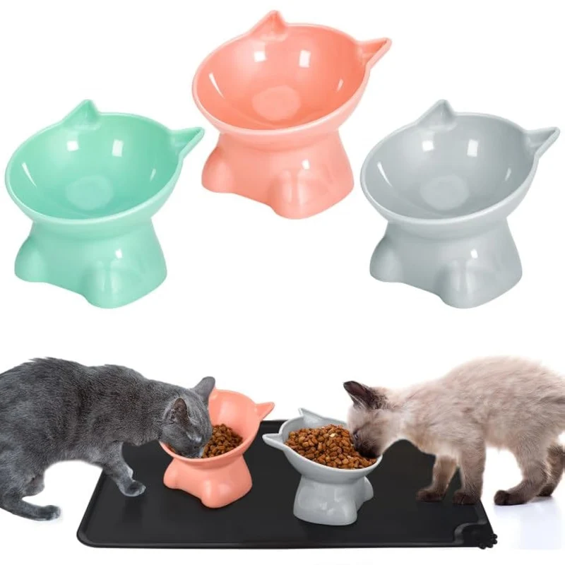 Hoemwarm - Ensemble de 3 Bols Chat Surélevés 15° avec Tapis Silicone - Pour Chats d’Intérieur et Petits Chiens
