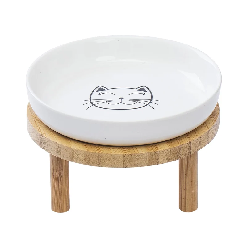 Lusifaco – Gamelles surélevées pour chats en céramique, support en bambou (5,9 pouces) – Blanc