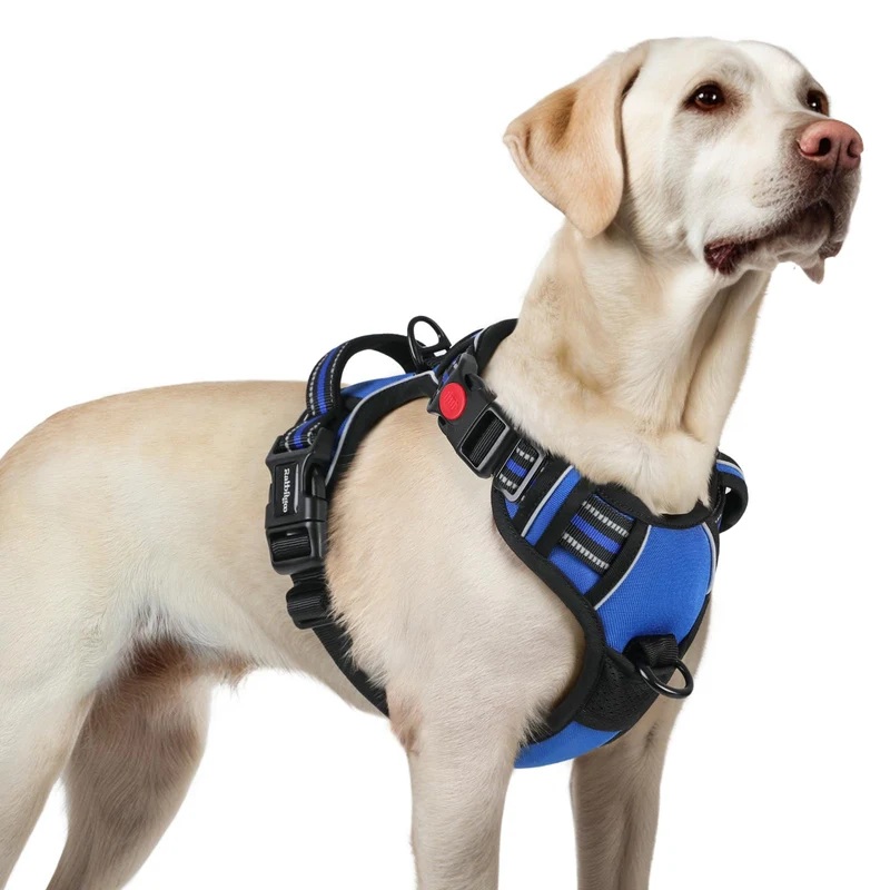 Rabbitgoo Harnais pour chien – Grand, sans tirage, 3 boucles, gilet rembourré avec poignée, réfléchissant – Bleu, Taille L