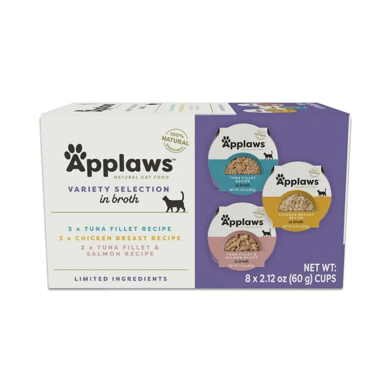Applaws – Nourriture humide naturelle pour chat en bouillon, pack varié (8 gobelets) sans additifs artificiels
