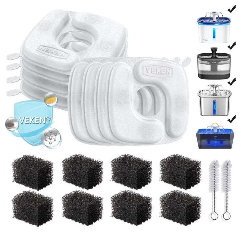 Filtres Fontaine Veken pour Chats et Chiens – Lot de 8 filtres + 8 éponges pré-filtration pour fontaine 50oz/84oz/95oz/108oz