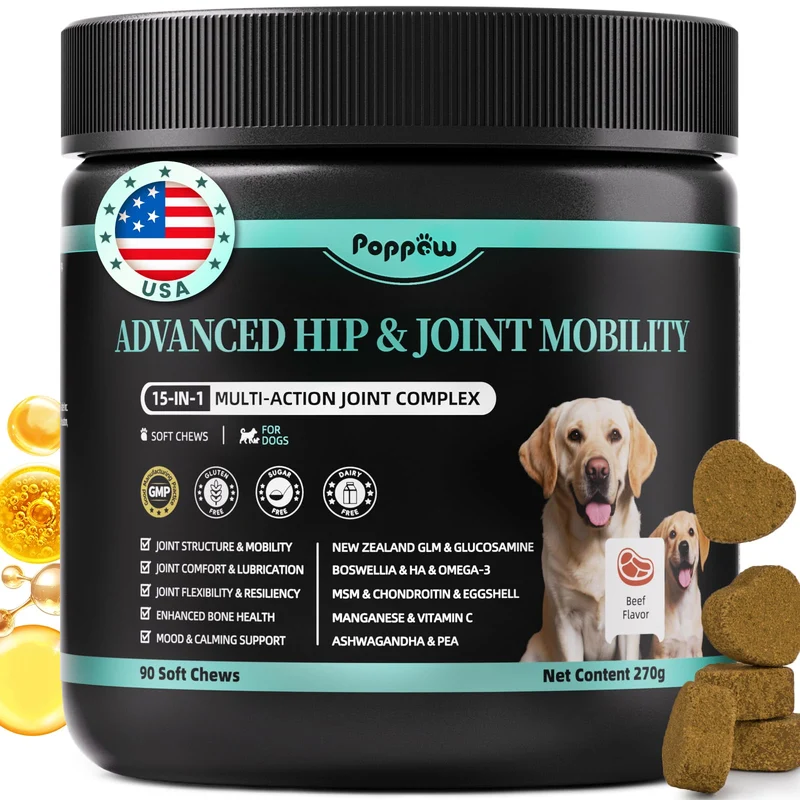 POPPAW Supplément Avancé pour les articulations des chiens – 15-en-1 glucosamine, chondroïtine, MSM et moule vert Nouvelle-Zélande – Mobilité et confort