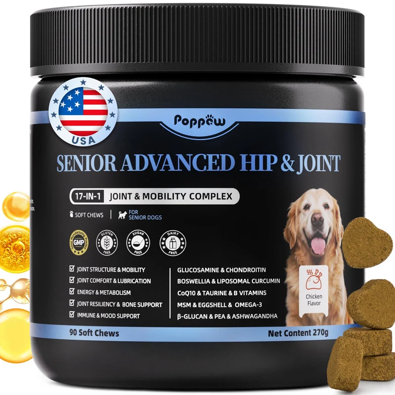 POPPAW Senior – 17 en 1 Supplément Articulations pour Chiens – Glucosamine & Chondroïtine – Friandises Mobilité Saveur Poulet – 90 pièces
