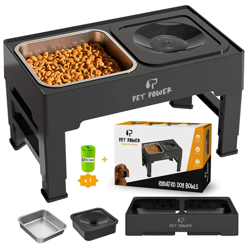 PET POWER Gamelles surélevées pour chien – 4 hauteurs réglables, bol inox et bol anti-débordement