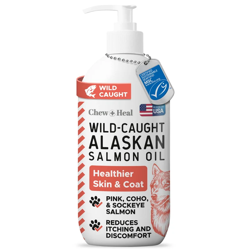Huile de saumon sauvage d’Alaska pour chiens et chats – 16 oz, EPA/DHA, pelage et peau, MSC, USA | Chew + Heal