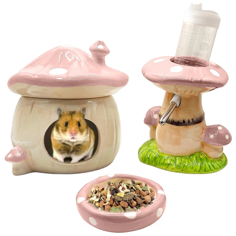 BELEATAL Cachette champignon céramique pour hamster – Bouteille avec support et bol (rose)