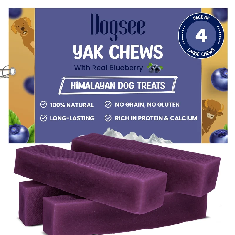 Dogsee Friandises Dentaires Yak Myrtille – Grand (4) | Sans céréales ni gluten | Nettoie dents et haleine fraîche