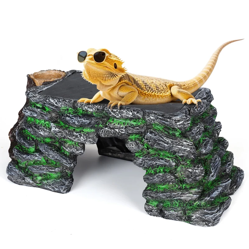 Plateforme Hygger Zoo 3 en 1 pour Reptiles – Ardoise Naturelle, Cachette et Bol Nourriture