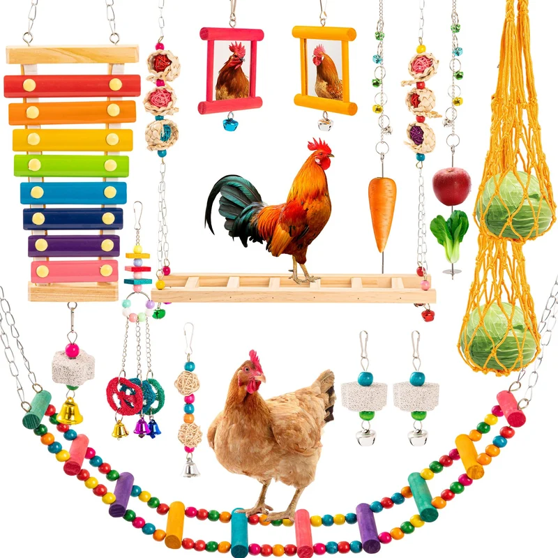 RLRICH – Ensemble de 14 Jouets pour Poulailler : Xylophone, Pont-Échelle, Balancoire et Miroirs