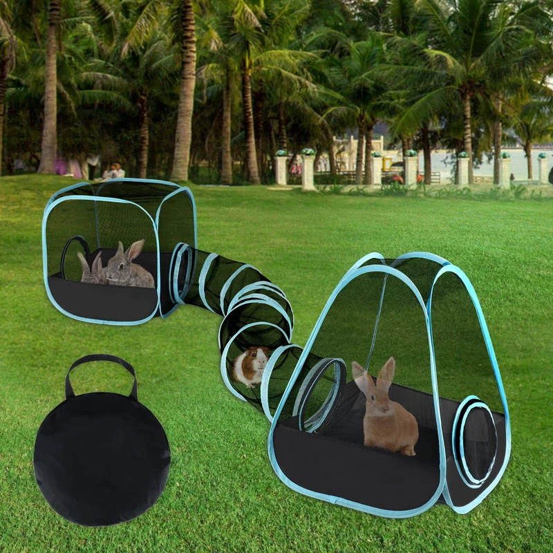 GINDOOR Parc pour Lapins avec Tunnel – Aire de Jeu Respirante, Tente et Tunnel, Usage Intérieur ou Extérieur
