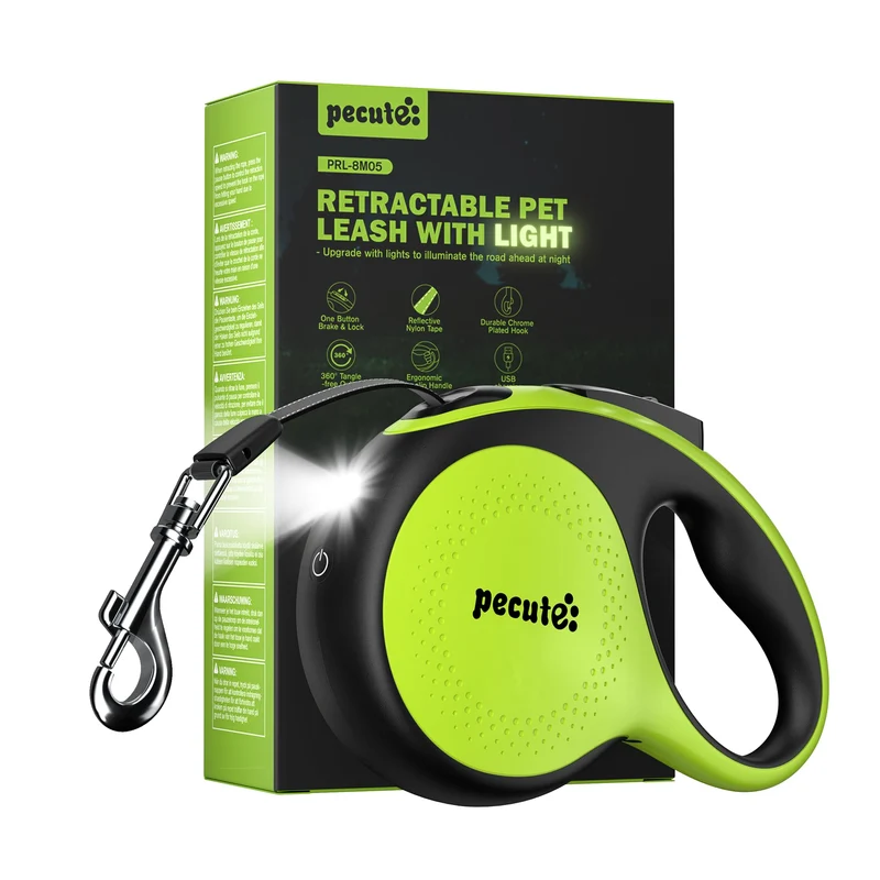 Laisse rétractable Pecute avec lumière – 26,2 ft, jusqu’à 50 kg, anti-torsion et poignée confortable