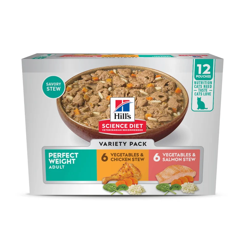 Hill's Science Diet Chat Adulte 1-6 – Lot Variété: Poulet & Légumes, Saumon & Légumes, Sachets de 79 g, 12 unités
