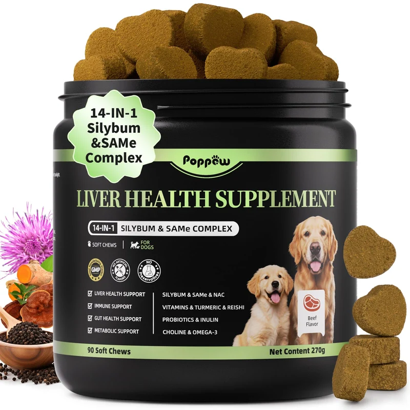 POPPAW Friandises Molles Chien – Soutien Foie avec Chardon-Marie, SAMe & NAC, Saveur Boeuf, 90 friandises