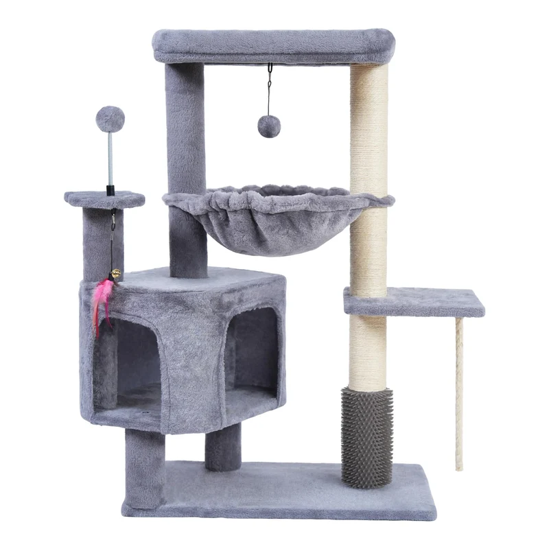 YOUPETSER Arbre à chat tout-en-un avec condo, hamac et brosses – Gris