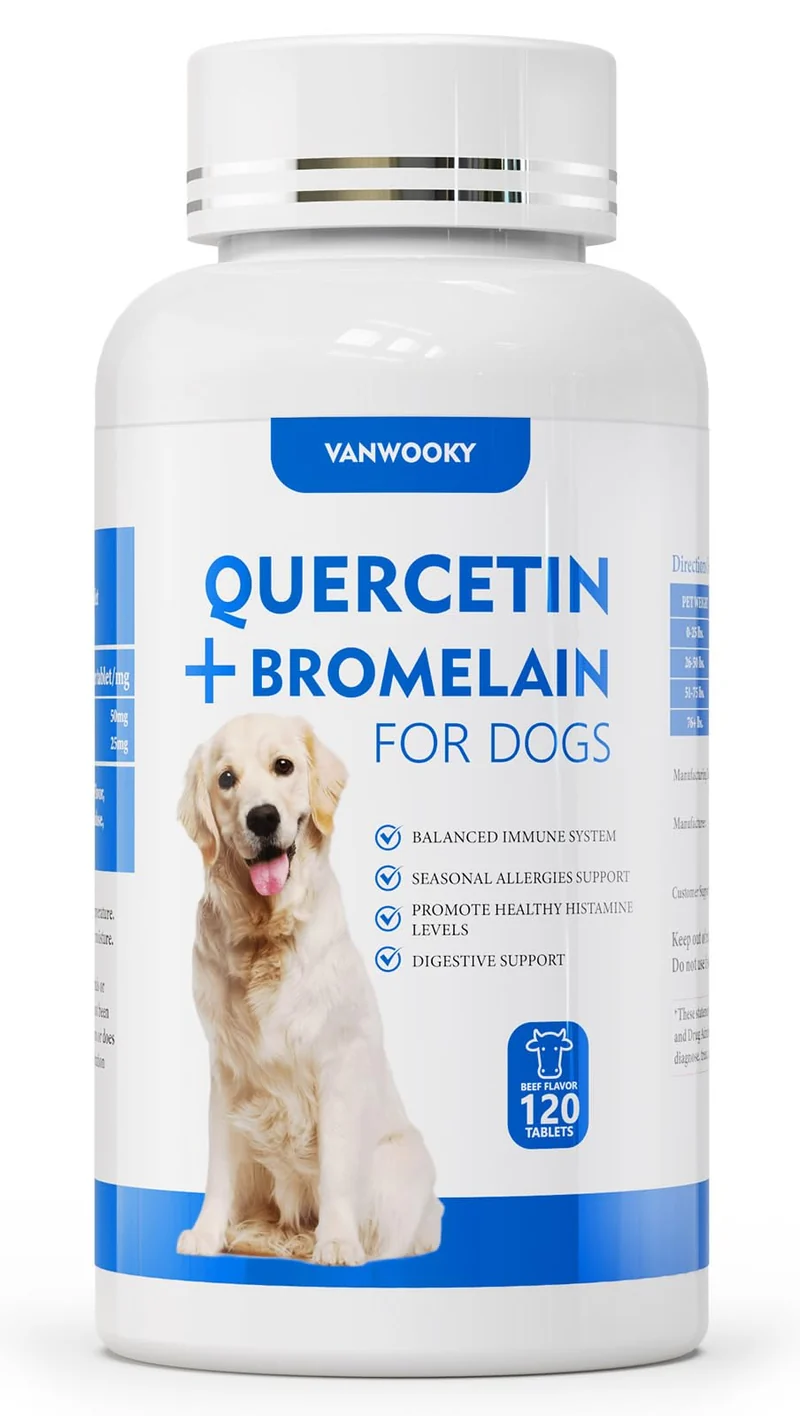 VANWOOKY Quercetine + Bromélaïne pour Chiens – Soutien Immunitaire et Peau Saine, 120 comprimés Goût Boeuf
