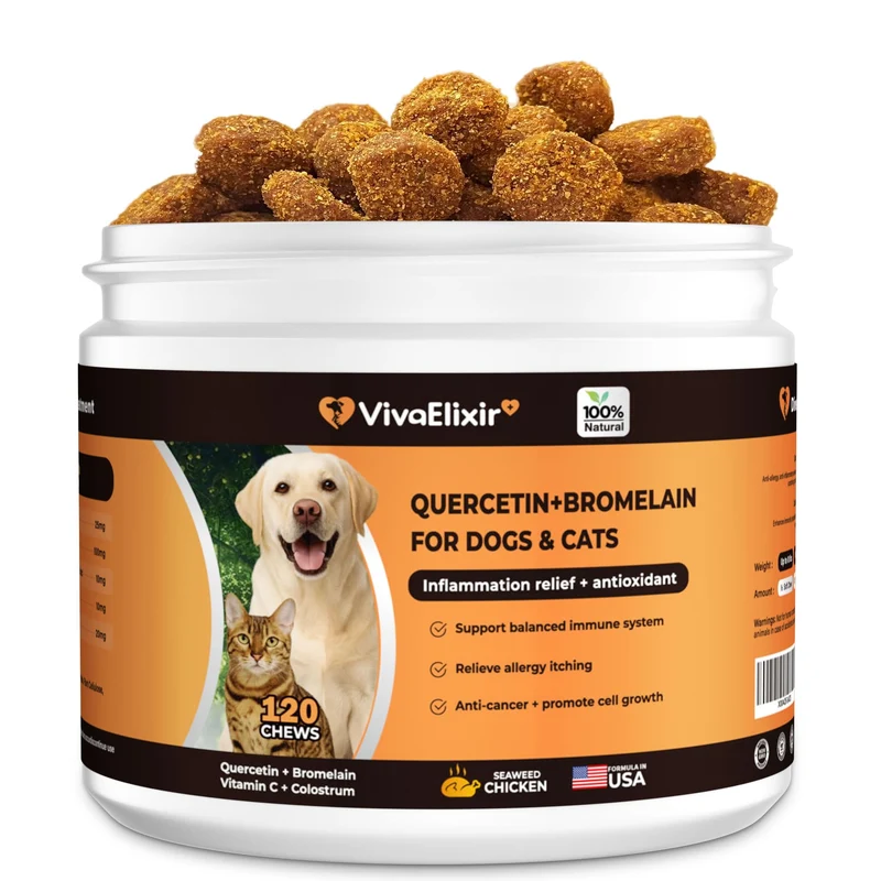 VivaElixir Quercétine et Bromélaïne pour chiens et chats – Colostrum & Probiotiques, 120 comprimés à mâcher