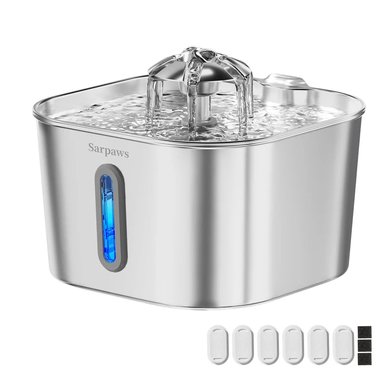 Fontaine d'eau pour chat en inox Sarpaws – 2,2 L, 6 filtres + 3 éponges, ultra silencieuse