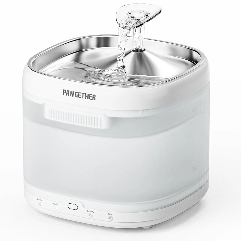PAWGETHER Fontaine pour chats sans pompe – Silencieuse, plateau en inox, 2 L, filtration avancée