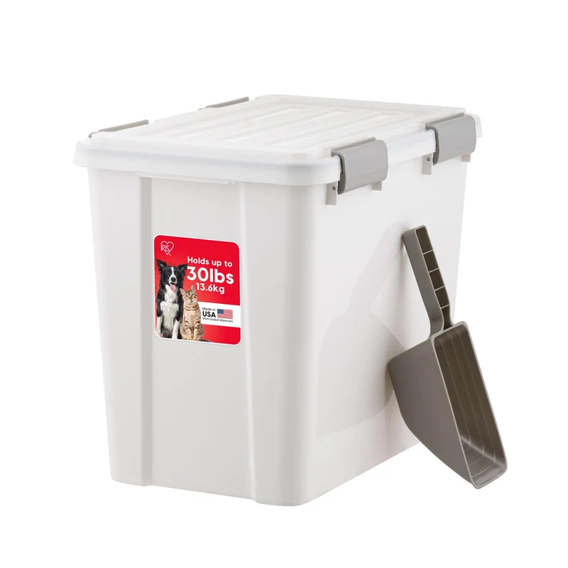 IRIS USA Conteneur de Nourriture pour Chien – Empilable, Étanche WeatherPro, 30 Livres, Sans BPA, Cuillère 2 Tasses, Blanc