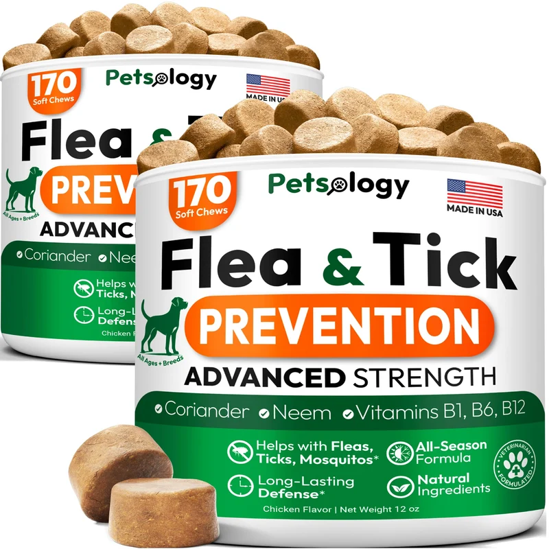 Lot de 2 Puces et Tiques pour Chiens – 340 Comprimés Naturels – Contrôle Oral – Petsology – Formulé par Vétérinaire – Toutes les Races et Tous les Âges – Fabriqué aux États‑Unis