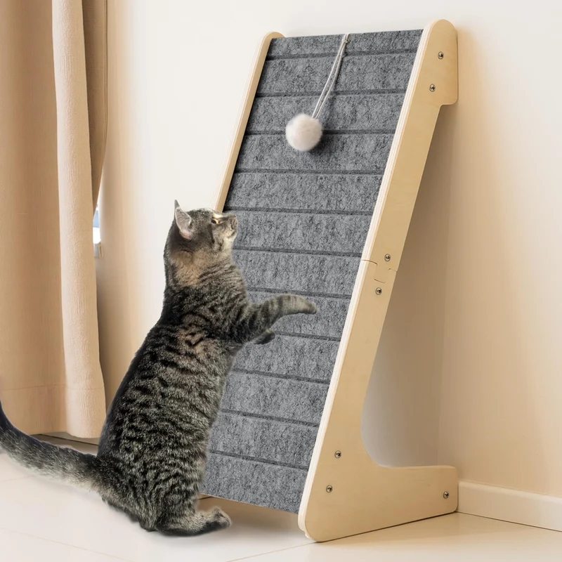 PETKARAY Grattoir pour chat en feutre – Forme en L, Rampe et Balle, Gris Foncé
