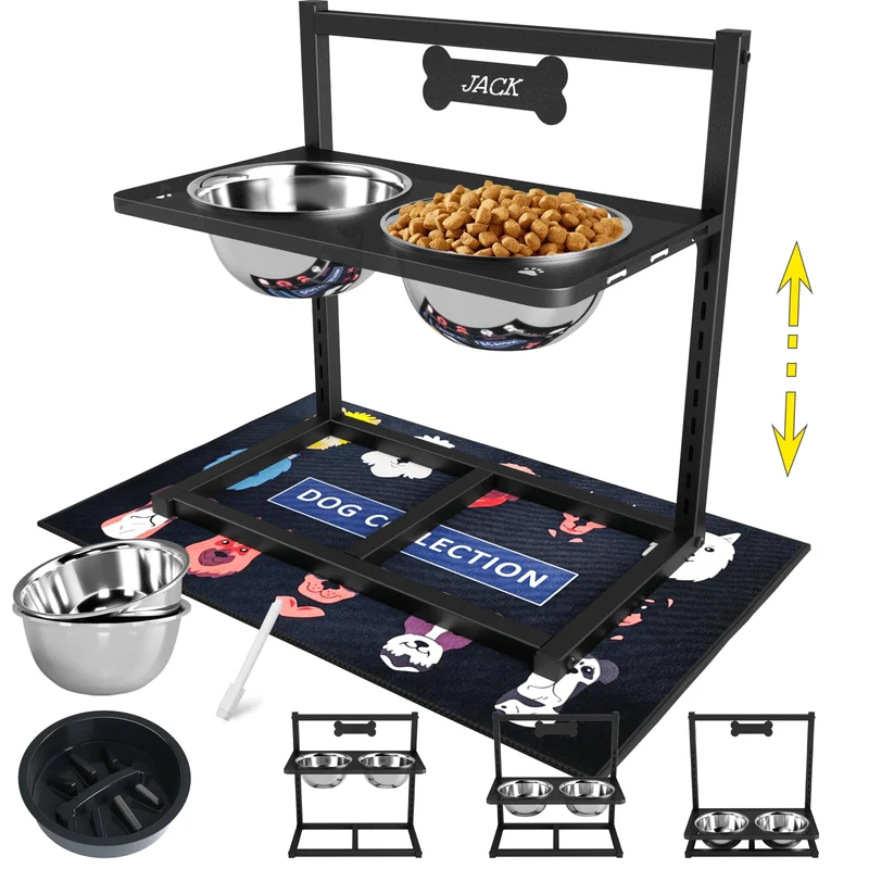 ADENGL 9 Support Élevé pour Chien – 2 Bols Inox 1,7 L, Réglable, Alimentation Lente