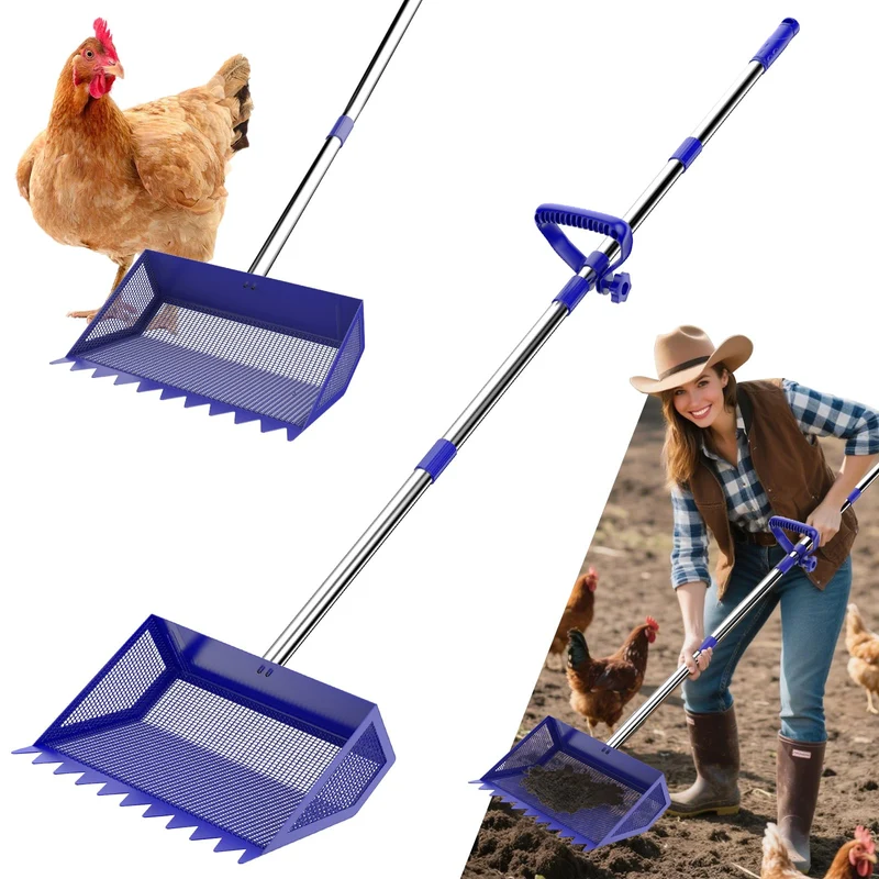 VEEMI Pelle et Râteau 2-en-1 pour Fientes de Poulet – Manche Ajustable et Tête en Acier Inox 304, Bleu, Largeur 10 pouces