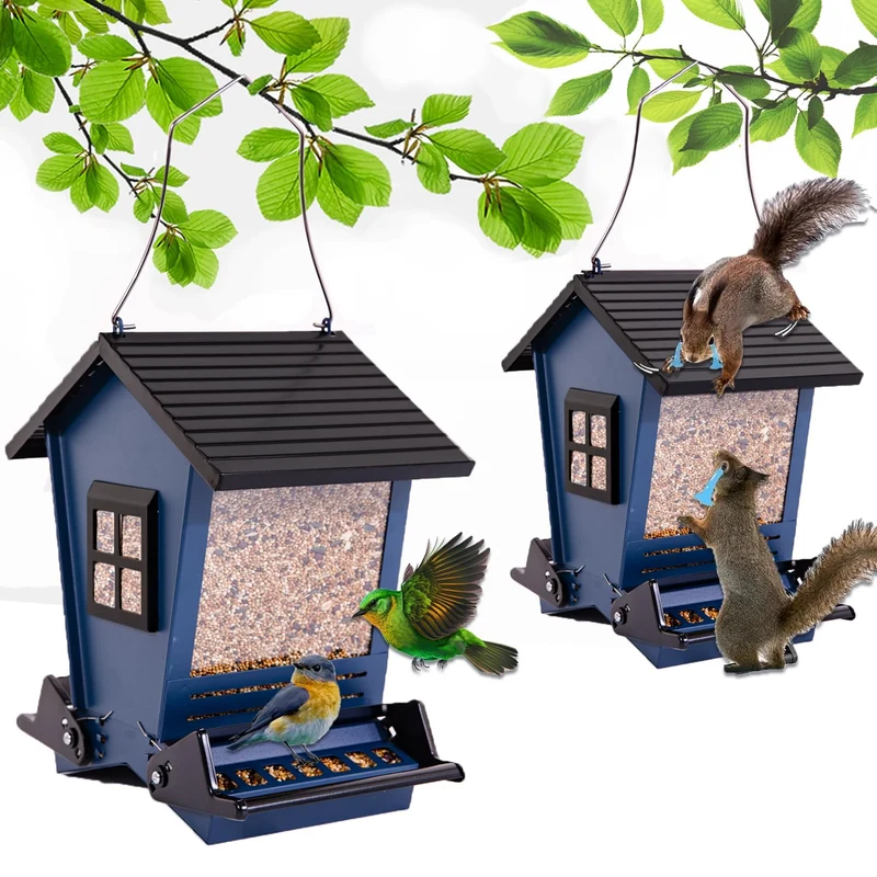 LSCQYYCC – Nourrisseur d'oiseaux métallique suspendu anti-écureuil, grand réservoir bleu, pour cardinaux, mésanges et geais