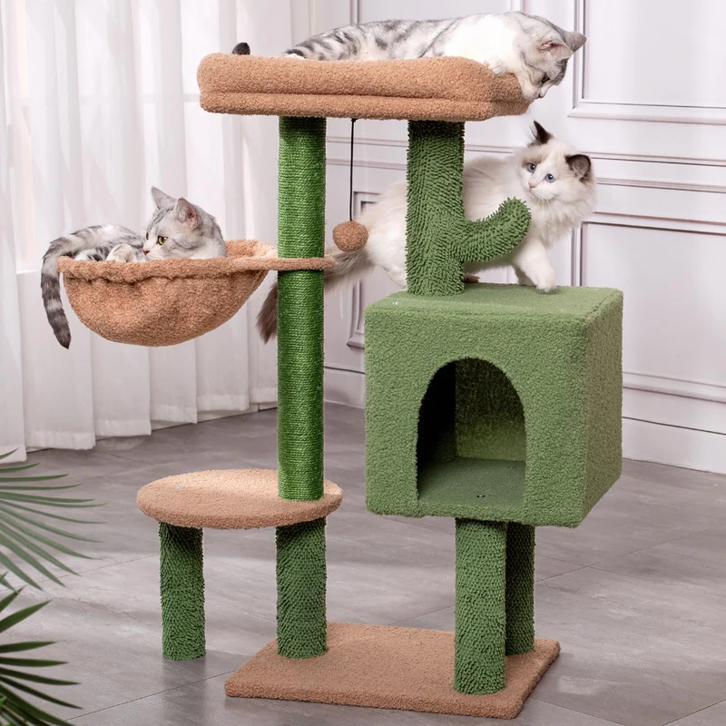 Meowrista Arbre à Chat Cactus 34 Pouces – Tour 4-en-1 Vert, Cabane et Hamac