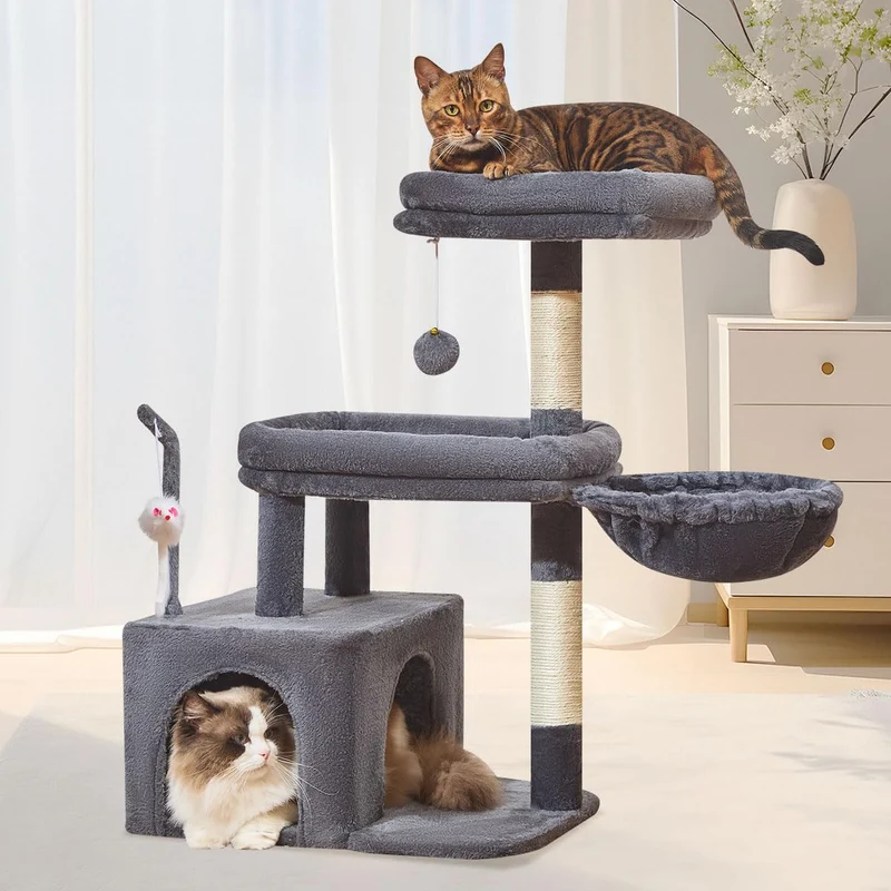 Taoqimiao MS043G — Arbre à chat 82 cm pour intérieur, grand perchoir, niche spacieuse, griffoirs — Gris fumé