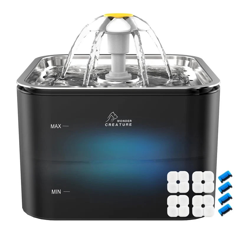 Wonder Creature Fontaine Crystal pour Chat – Acier Inoxydable, 3L, LED, 4 Filtres, Noir