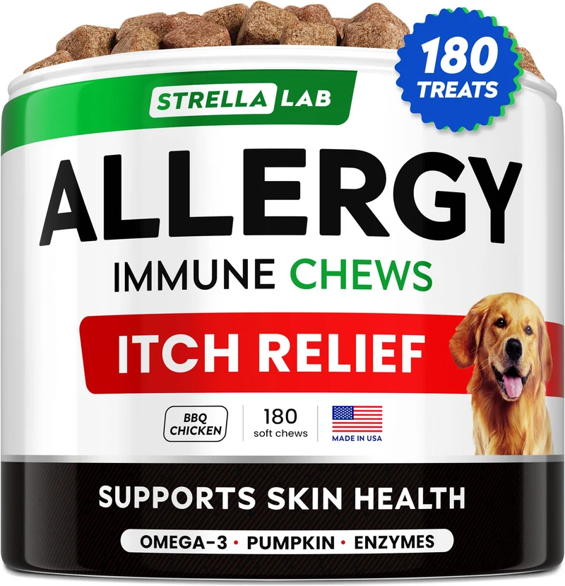STRELLALAB – Bouchées Allergie et démangeaisons pour chiens avec Oméga-3, Saveur BBQ Poulet, 180 bouchées