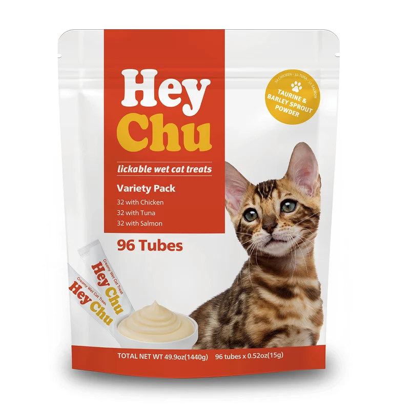 HEY CHU Friandises lickables pour chats – Purée sans céréales, 96 tubes variés (thon, saumon, poulet)