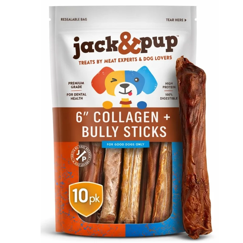 Jack&Pup Bâtonnets Bully 6 pouces avec collagène – Friandises naturelles pour chiens moyens et grands, sans cuir cru