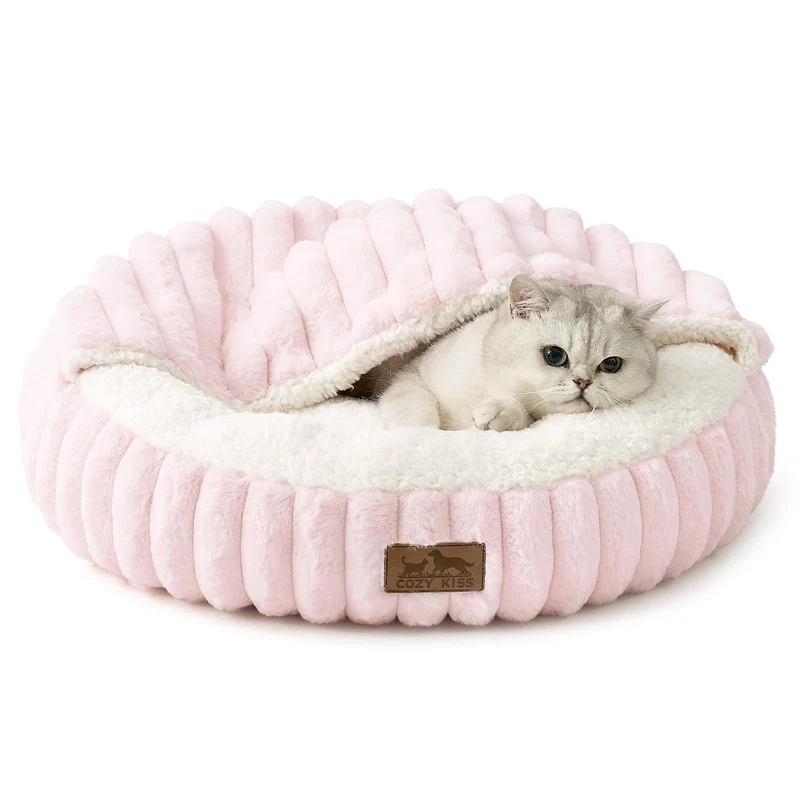 COZY KISS Nid Capuche Ronde Peluche – Panier Douillet Antidérapant pour Chats et Petits Chiens