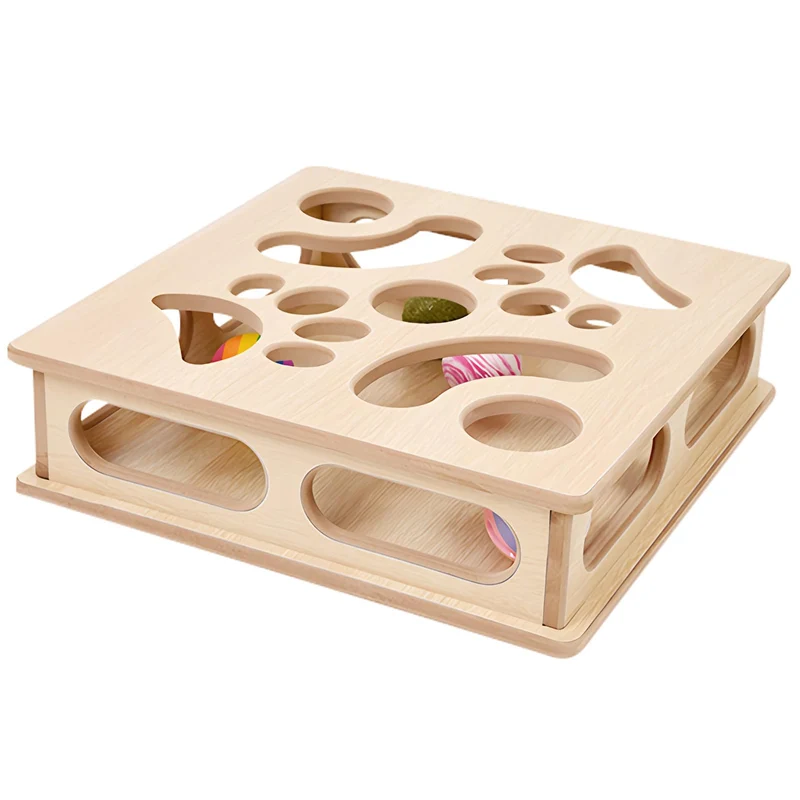 DI BI GRAMAS Boîte énigme interactive pour chatons – 3 petites billes et 1 cloche en bois naturel