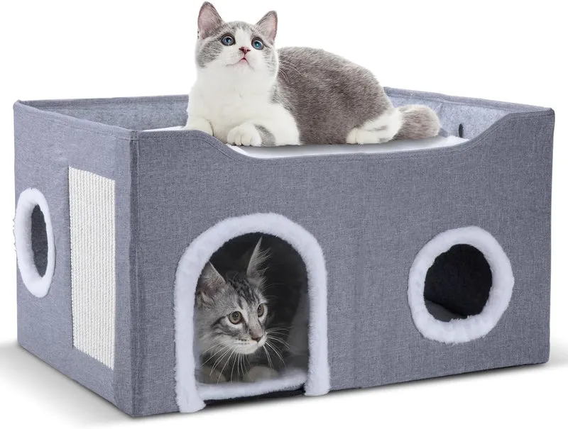Gosipeya – Maison pour chat d’intérieur pliable et caverne couverte gris (23,6 × 16 × 12,8 pouces)