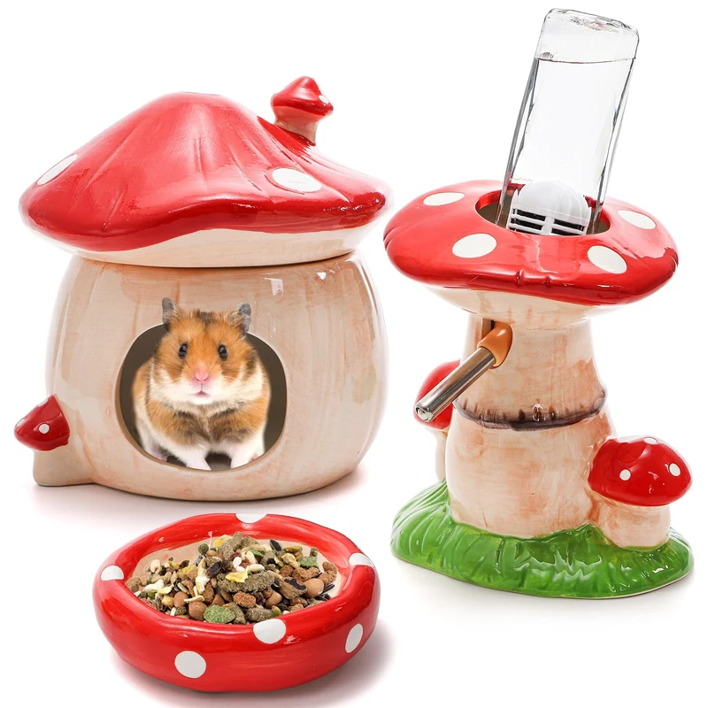 Hacaroa 3 Pack Céramique : Cachette champignon, Bol nourriture et Bouteille eau sur socle