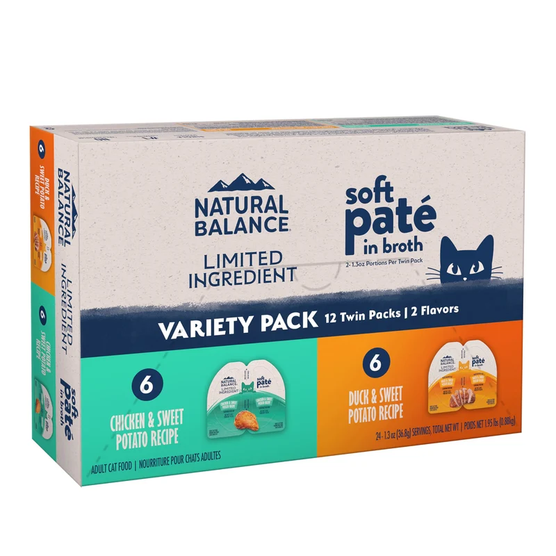 Natural Balance – Pack Variété Pâté Limité en Protéines pour Chats (Poulet & Canard) avec Patate Douce, Sans Céréales, 2,6 oz – Boîte de 12