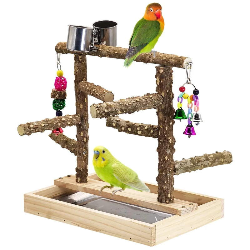 BNOSDM Aire de Jeu en Bois Naturel pour Oiseaux – Parcours et Perchoir Multifonction pour Perruche, Cockatiel, Lovebird et Gris du Gabon