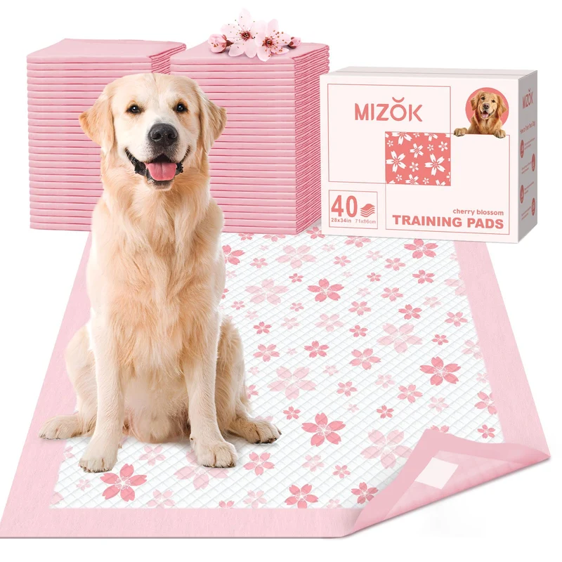 MIZOK Tapis-pipi pour chiens très grand 28x34 – anti-fuite, ultra-absorbant, motif fleurs cerisier rose, lot de 40