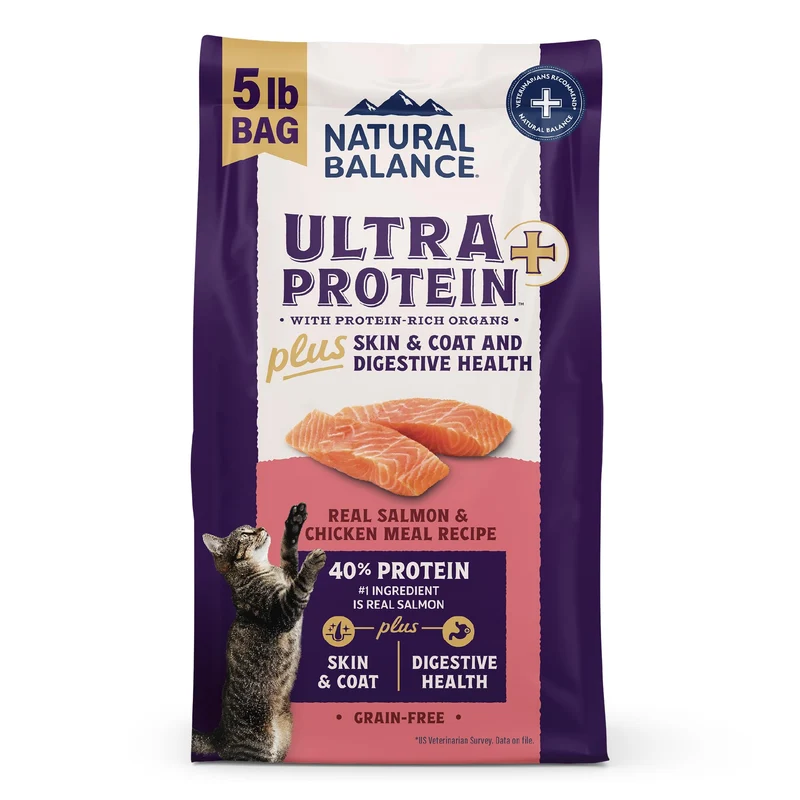 Natural Balance Ultra Protein Plus Croquettes pour Chats – Santé peau et digestion – Saumon réel, poulet, foie et cœur de poulet – 5 lb