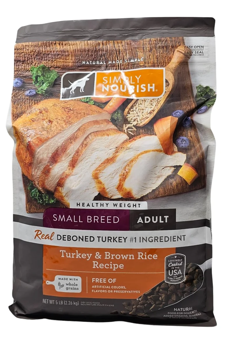 SIMPLY NOURISH — Croquettes Petit Chien Poids Santé Dinde et Riz Brun, Sac de 5 Livres