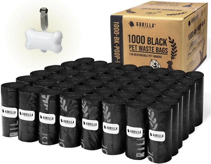 GORILLA SUPPLY Sacs à crottes pour chien avec Distributeur et Attache Laisse – 9 x 13, Noir, 1000 Unités