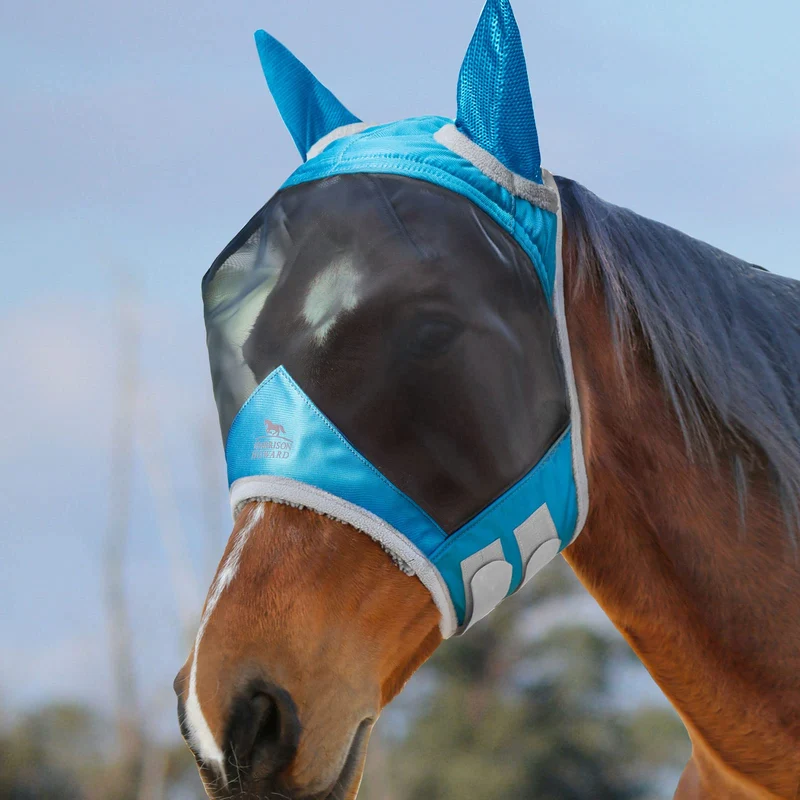 Harrison Howard CareMaster Pro – Masque anti-mouches pour cheval, UV, bleu ciel, taille Large
